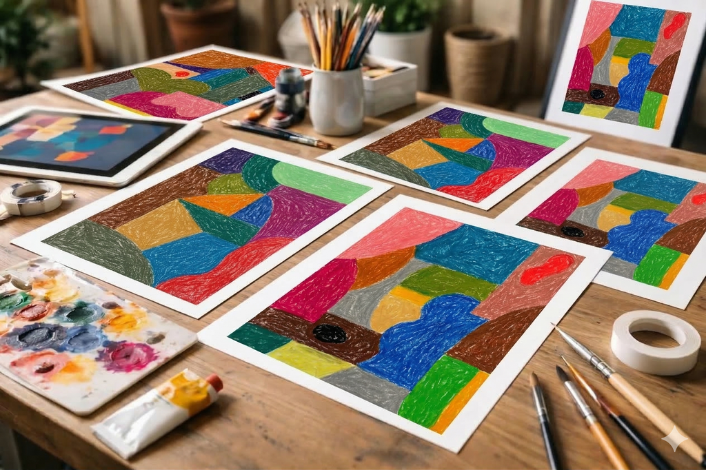 Colorful abstract artworks on a wooden table with art supplies.