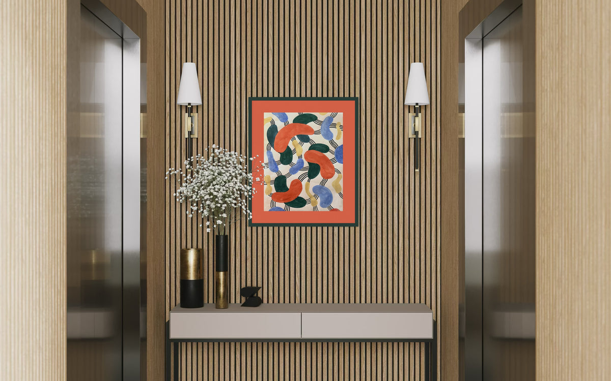 Elevator interior with decorative wall art, plants, and lighting fixtures.